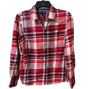 TOMMY HILFIGER red, white, & blue 100% cotton plaid flannel button up size Small